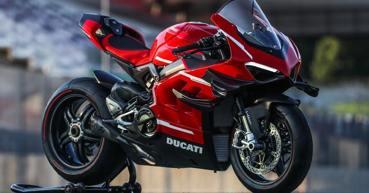Ducati Superleggera V4 front third quarter winged motorcycle view