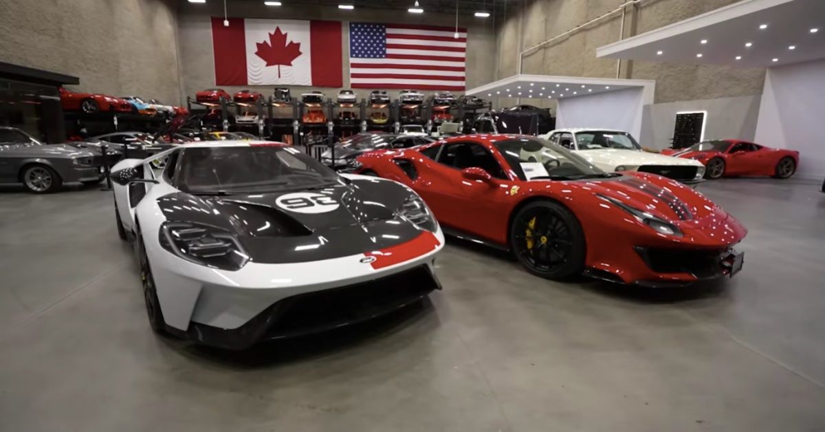 Ford GT and Ferrari 488, front quarter view, in car showroom