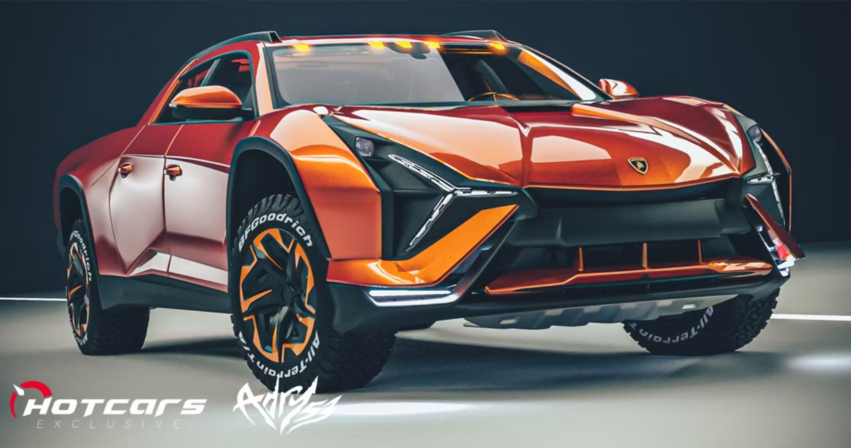 orange Lamborghini pickup render front view studio
