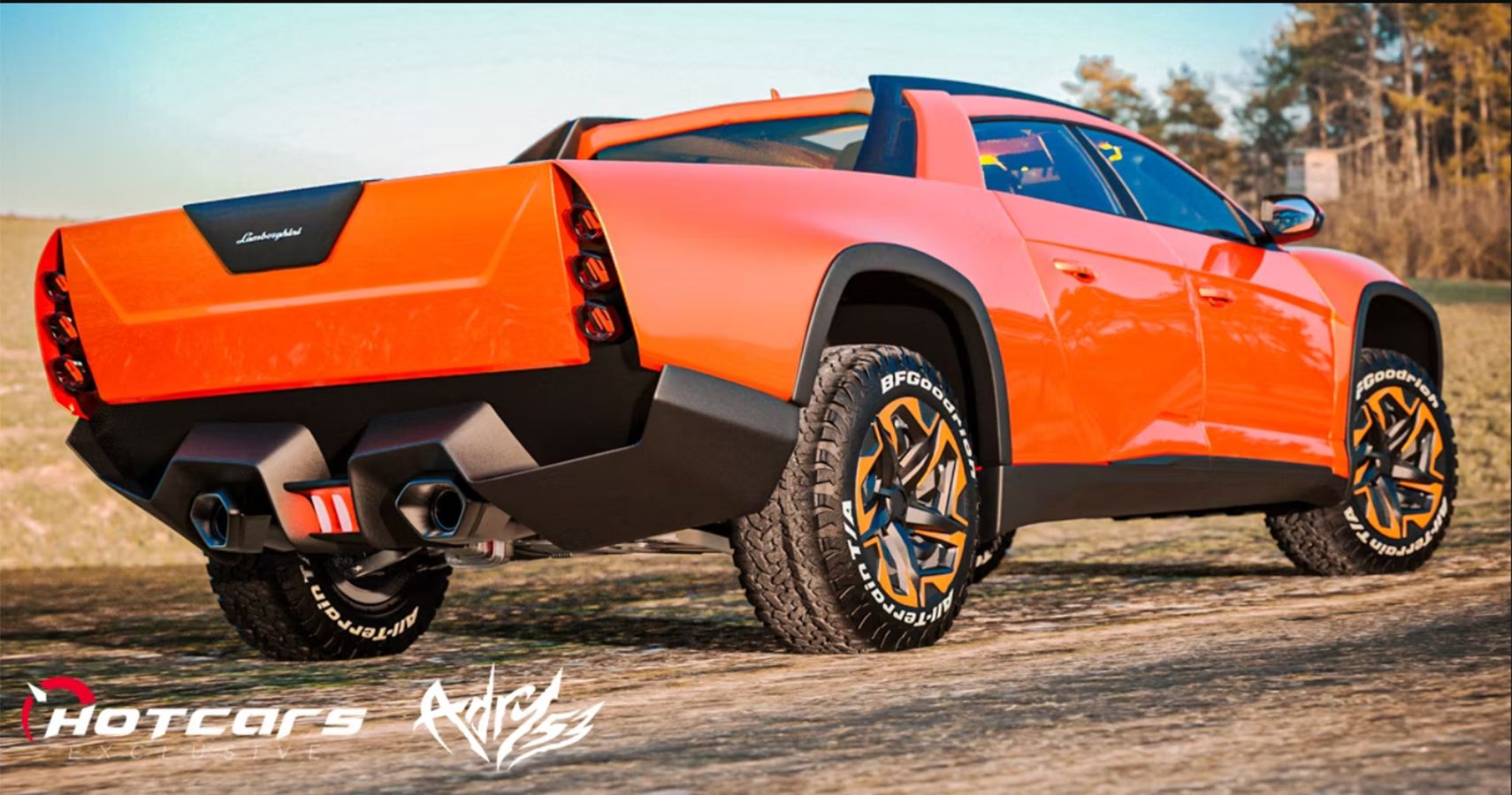 orange Lamborghini pickup render rear view