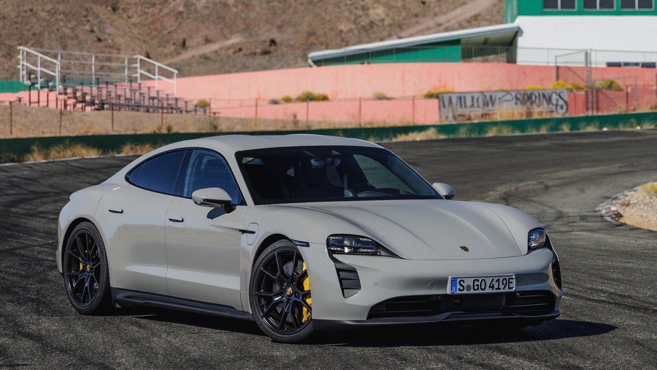 Porsche Taycan GTS in nando gray looks rad front third quarter view