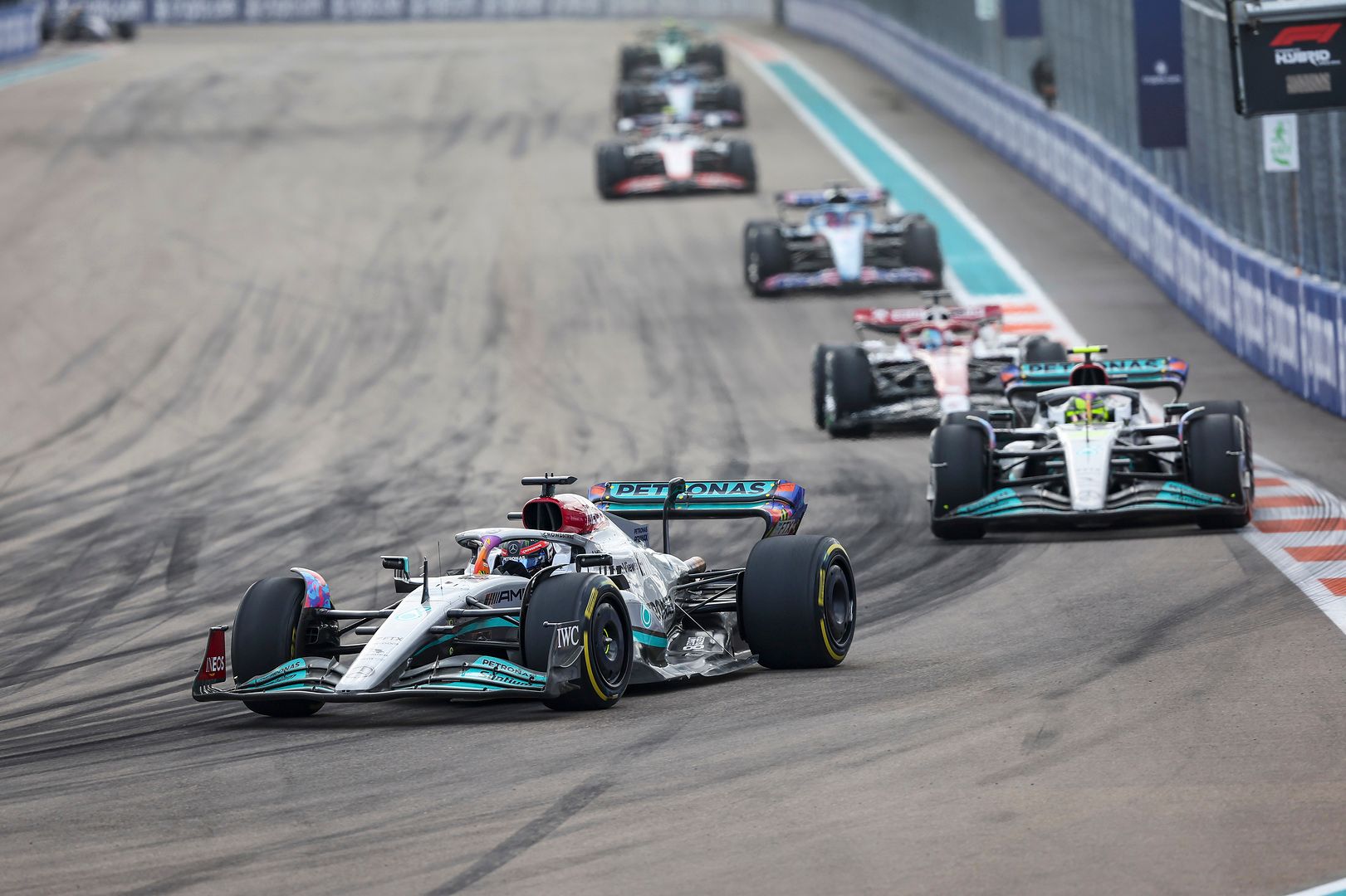 The Mercedes AMG F1 at the 2022 Miami Grand Prix Circuit.