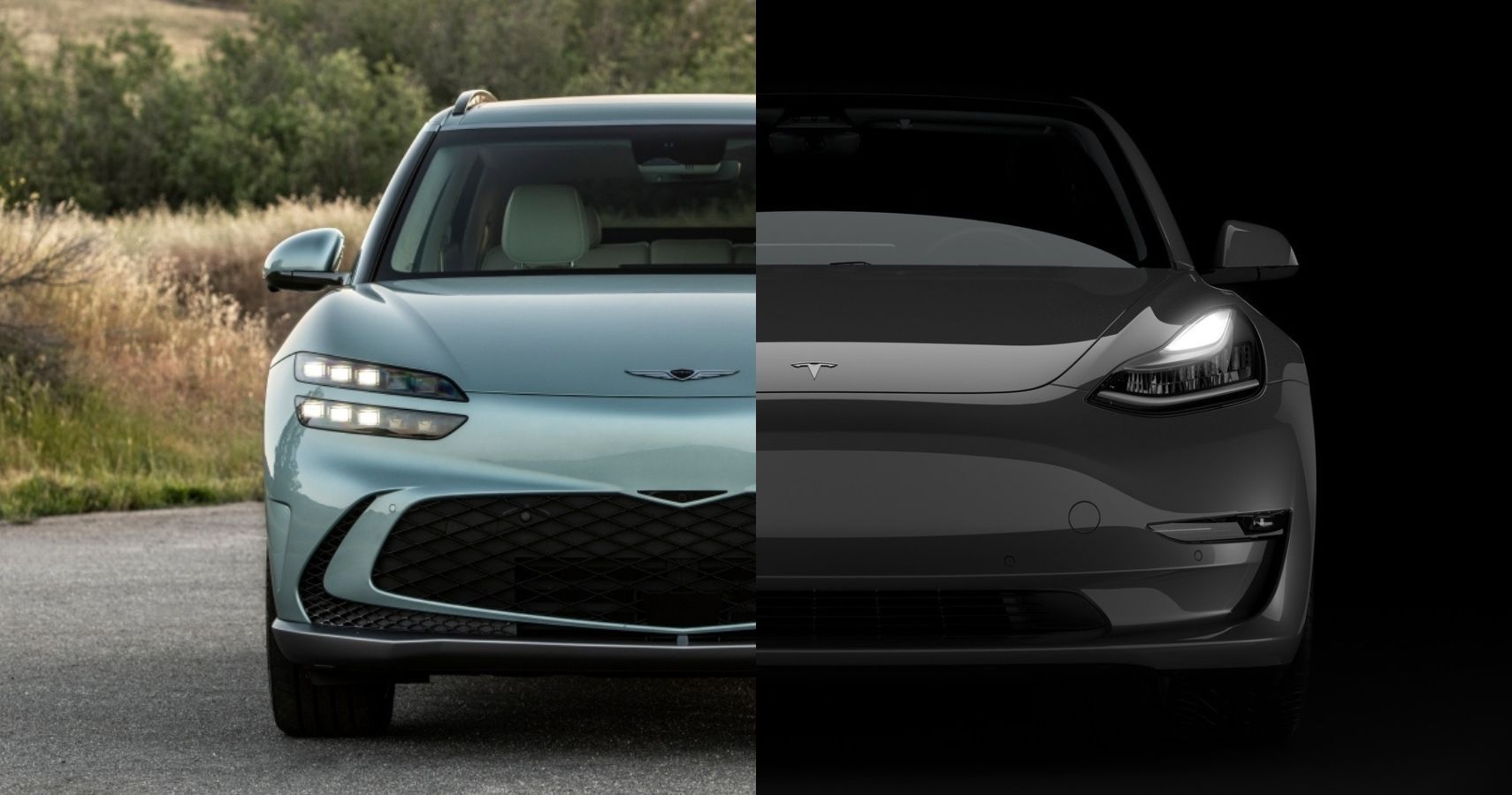 2023 Genesis GV60 and Tesla Model 3 front fascia side-by-side comparison