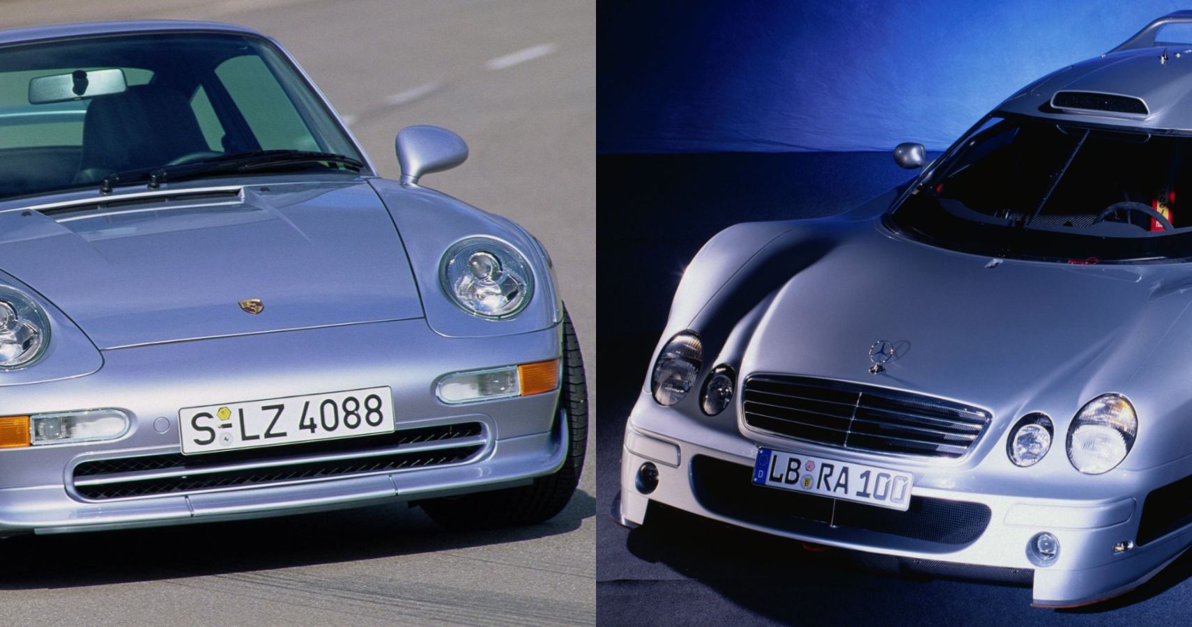 Porsche 993 GT2 and Mercedes-Benz CLK GTR side-by-side comparison view