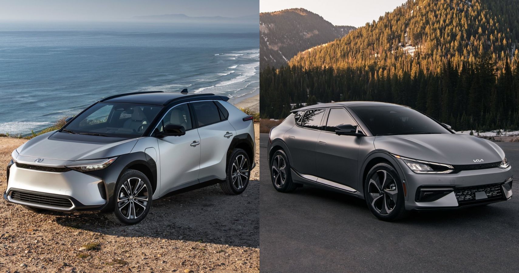  2023 Toyota bZ4X and 2022 Kia EV6 side by side comparison view