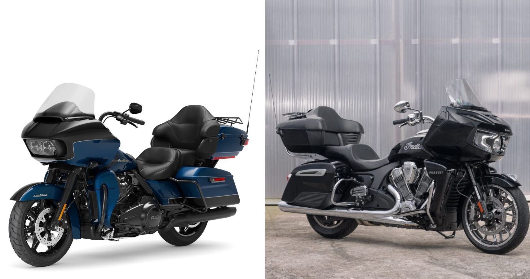 2022 Harley-Davidson Road Glide Limited and Indian Pursuit Limited Premium side-by-side comparison view