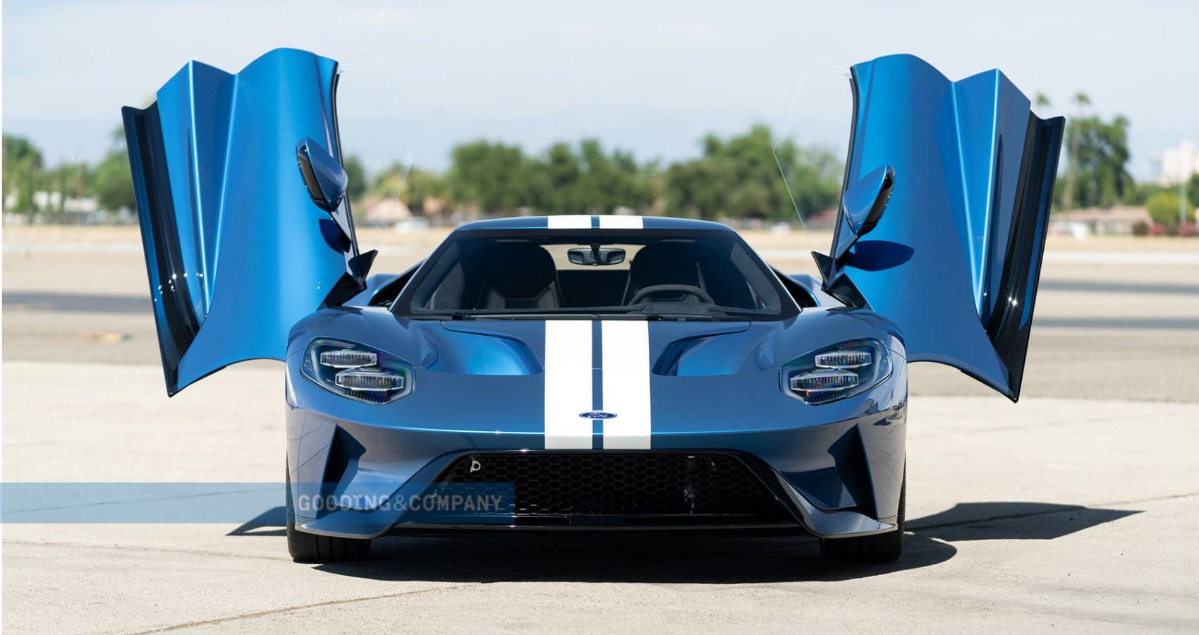 Blue 2019 Ford GT Front Profile With Both Doors Open