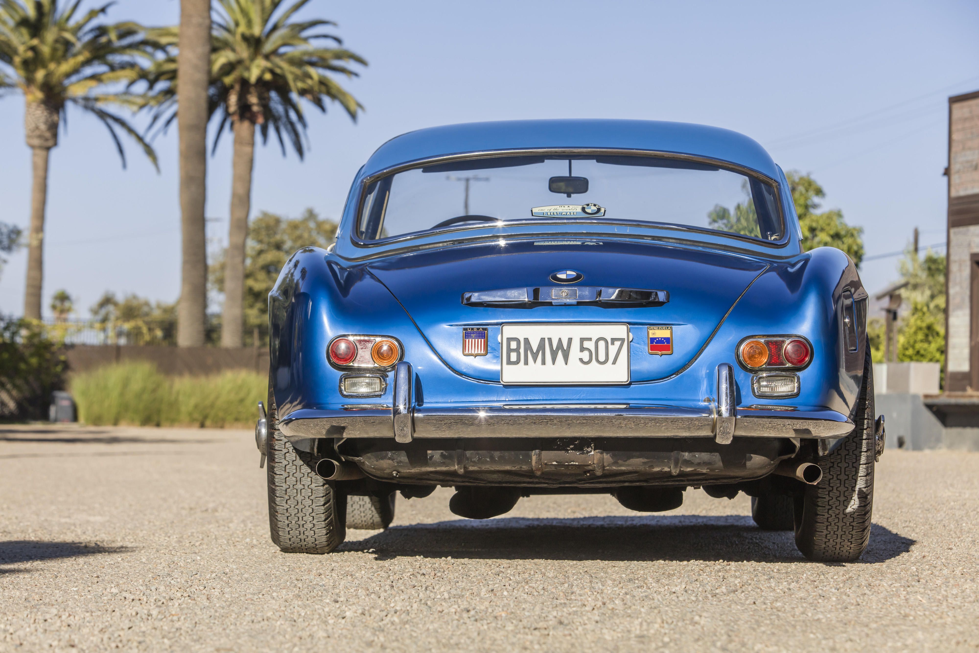 BMW 507 II Roadster Bonhams Auction, blue, rear profile view