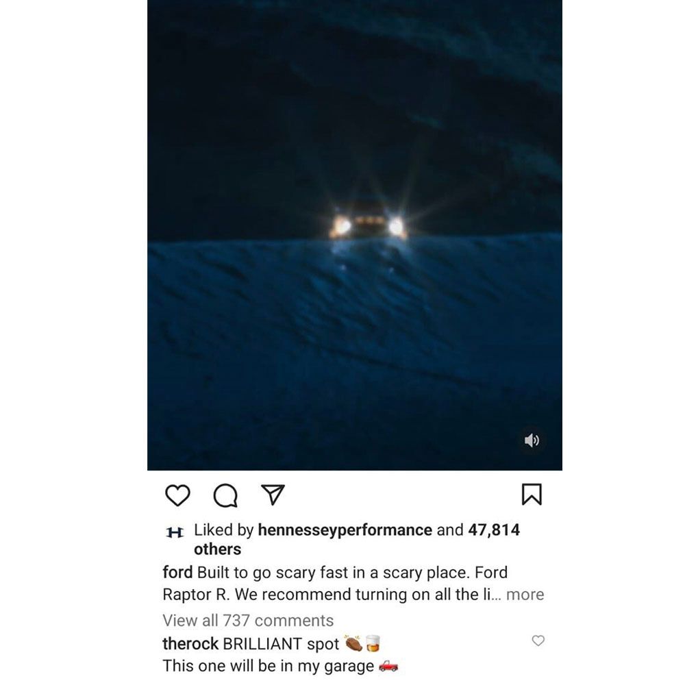 Screenshot of the Instagram post on Ford F-150 Raptor R that The Rock Commented