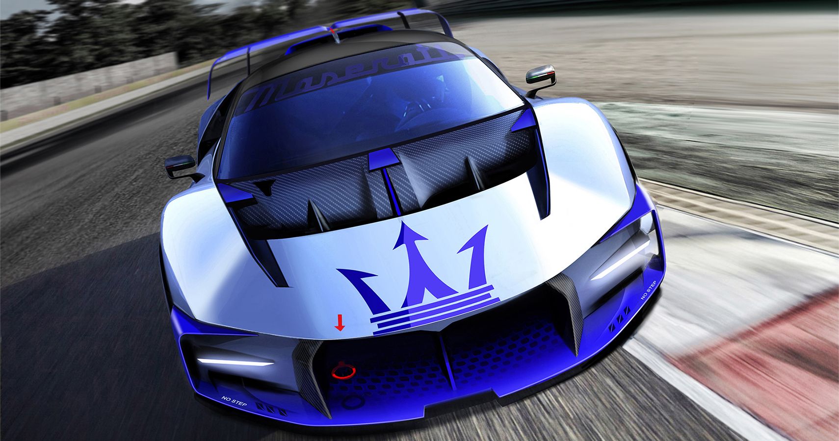 Maserati Project24 supercar, front closeup on track, blue