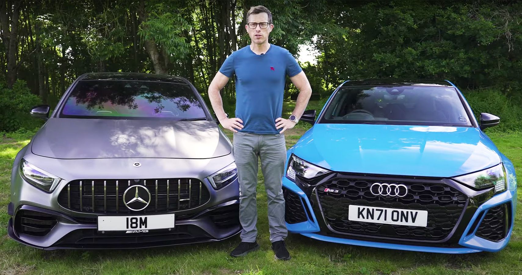 A gray Mercedes-AMG A45 S and a blue Audi RS3 front fascia