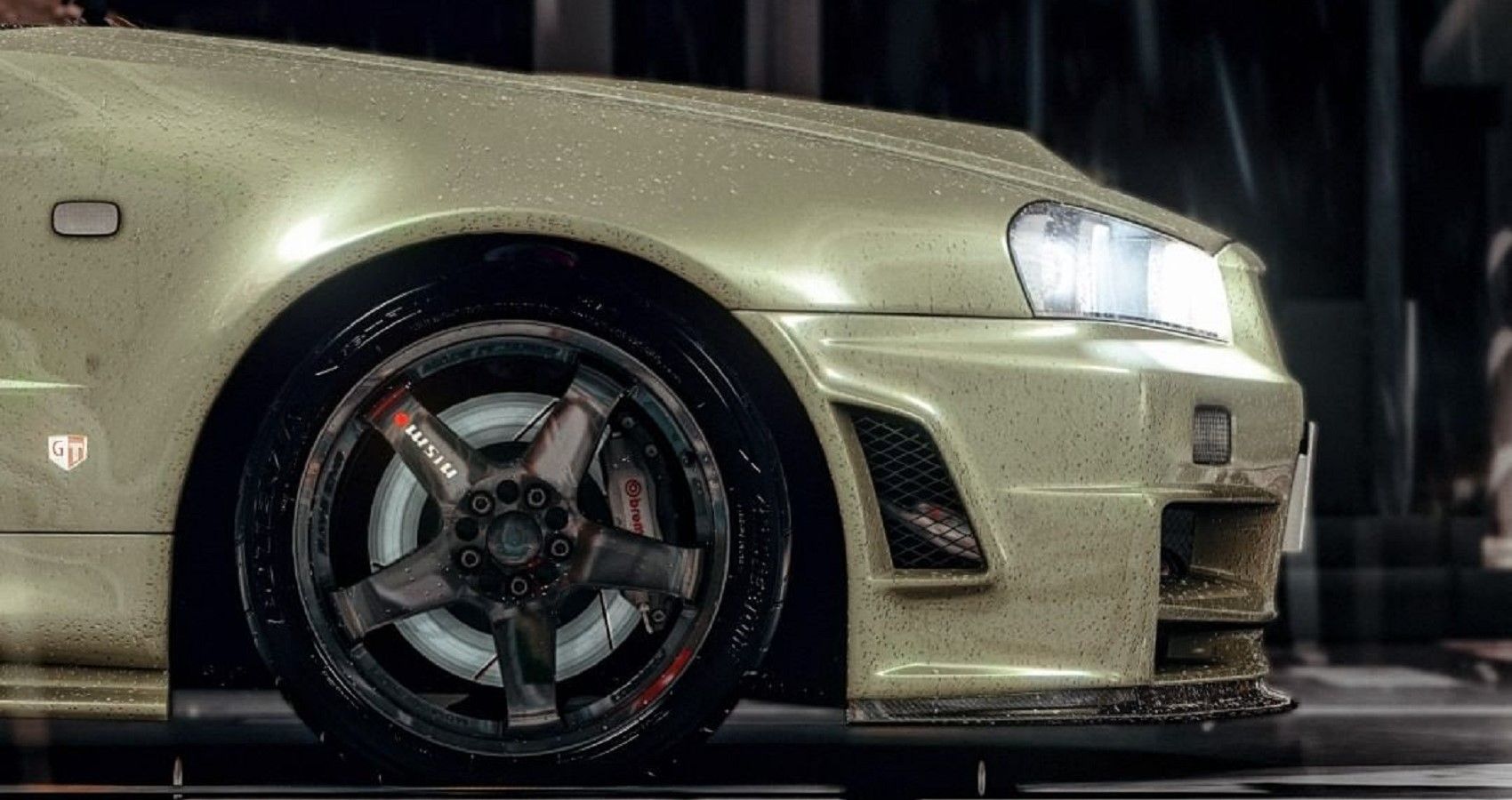 Nissan Skyline GT-R R34 Z-Tune, closeup of front section, side profile, gold