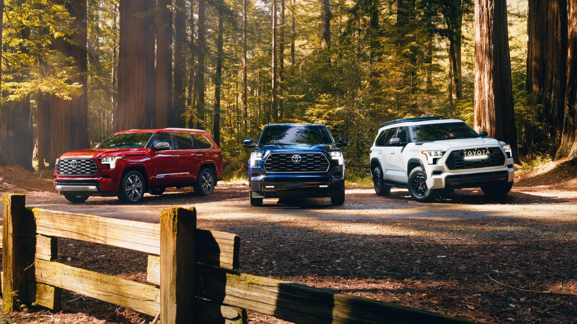 3 DIfferent trims of the 2023 Toyota Sequoia (Red, Blue & White) - Front