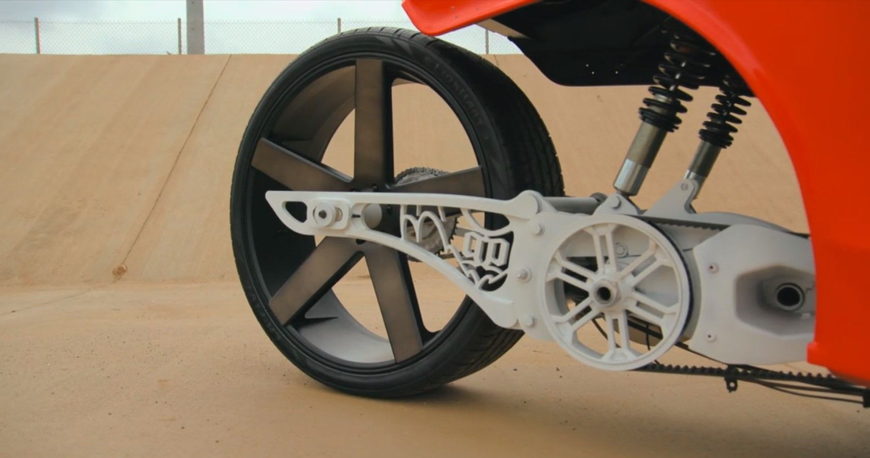 Gotham Garage Polaris Slingshot hot rod build gigantic rear wheel close-up view