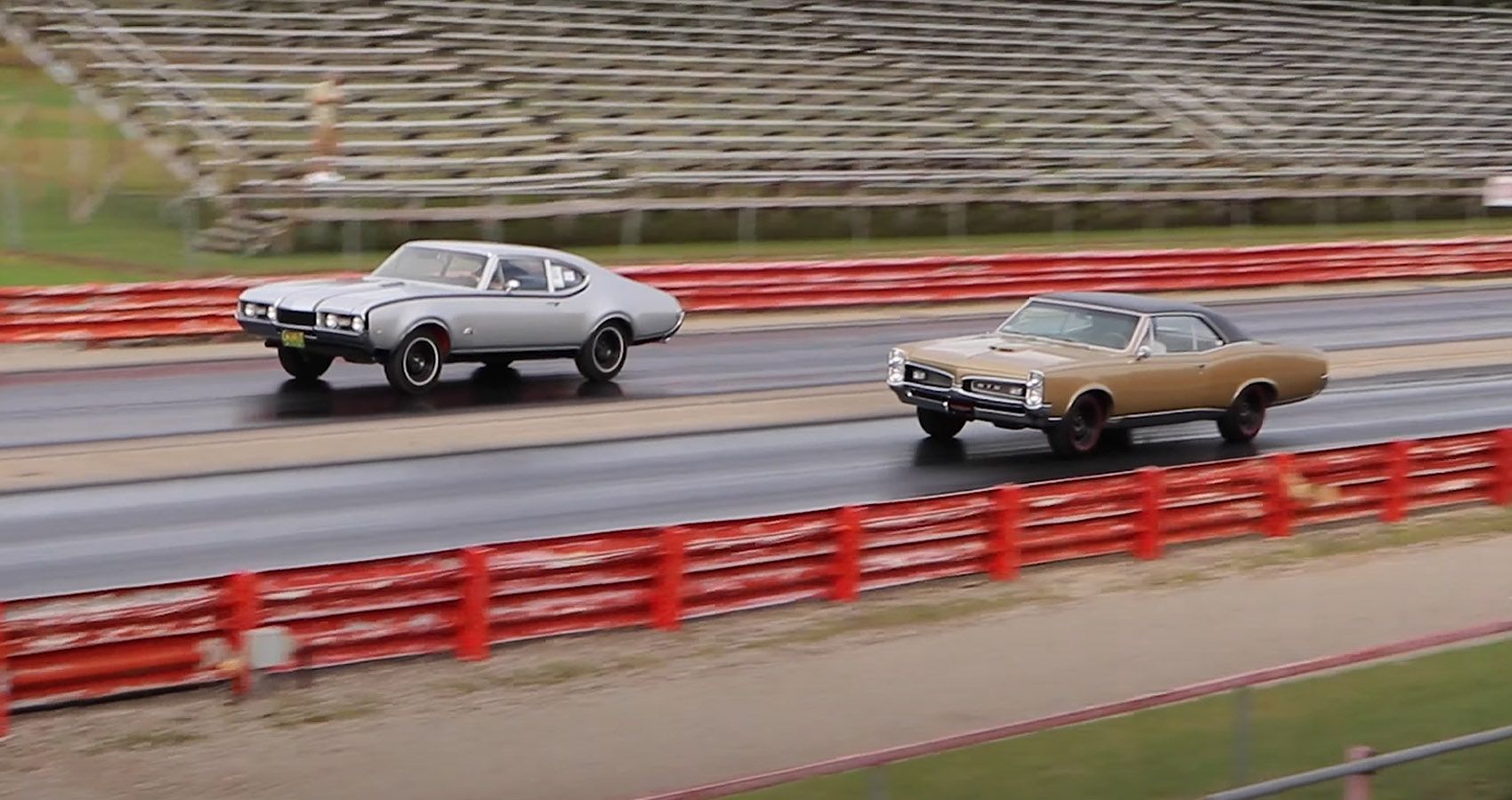 Pure Stock Muscle Car Drag Race Between A 1967 Pontiac GTO And A 1968 Hurst Olds