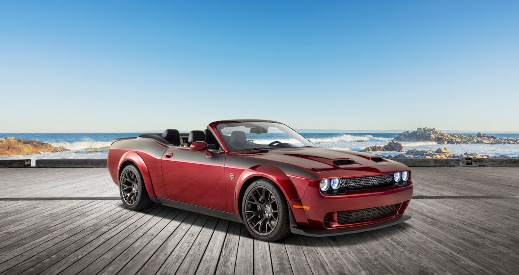 Right side front three quarter of Dodge Challenger convertible by Drop Top Customs