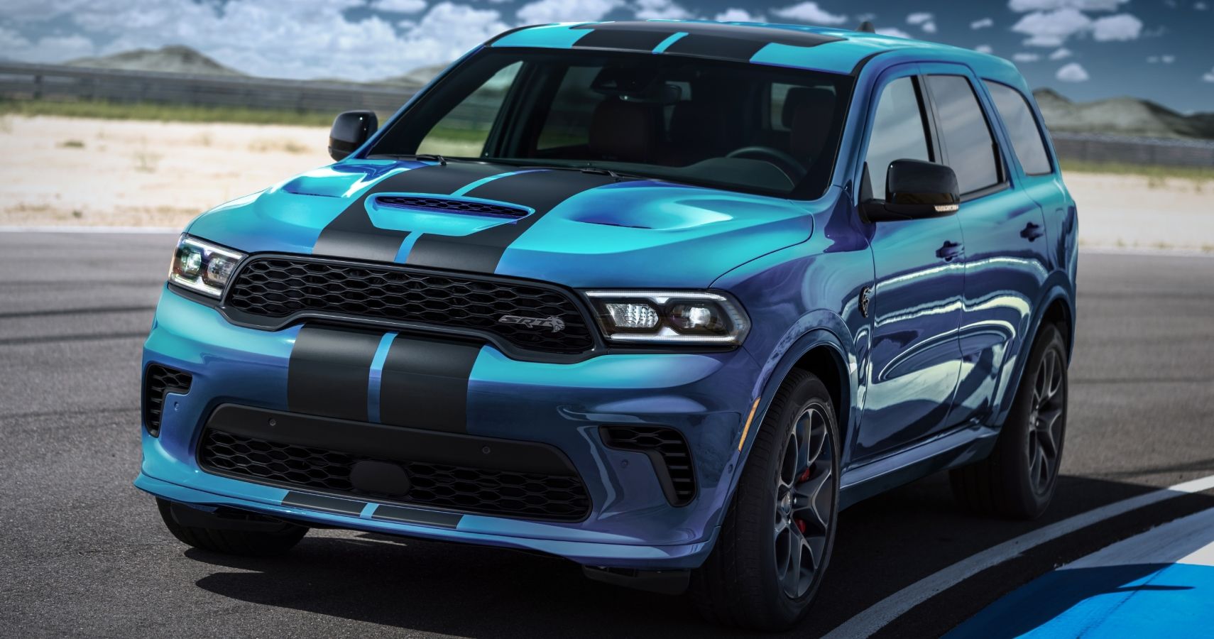 2023 Durango SRT Hellcat Front View In Blue With Black Stripes