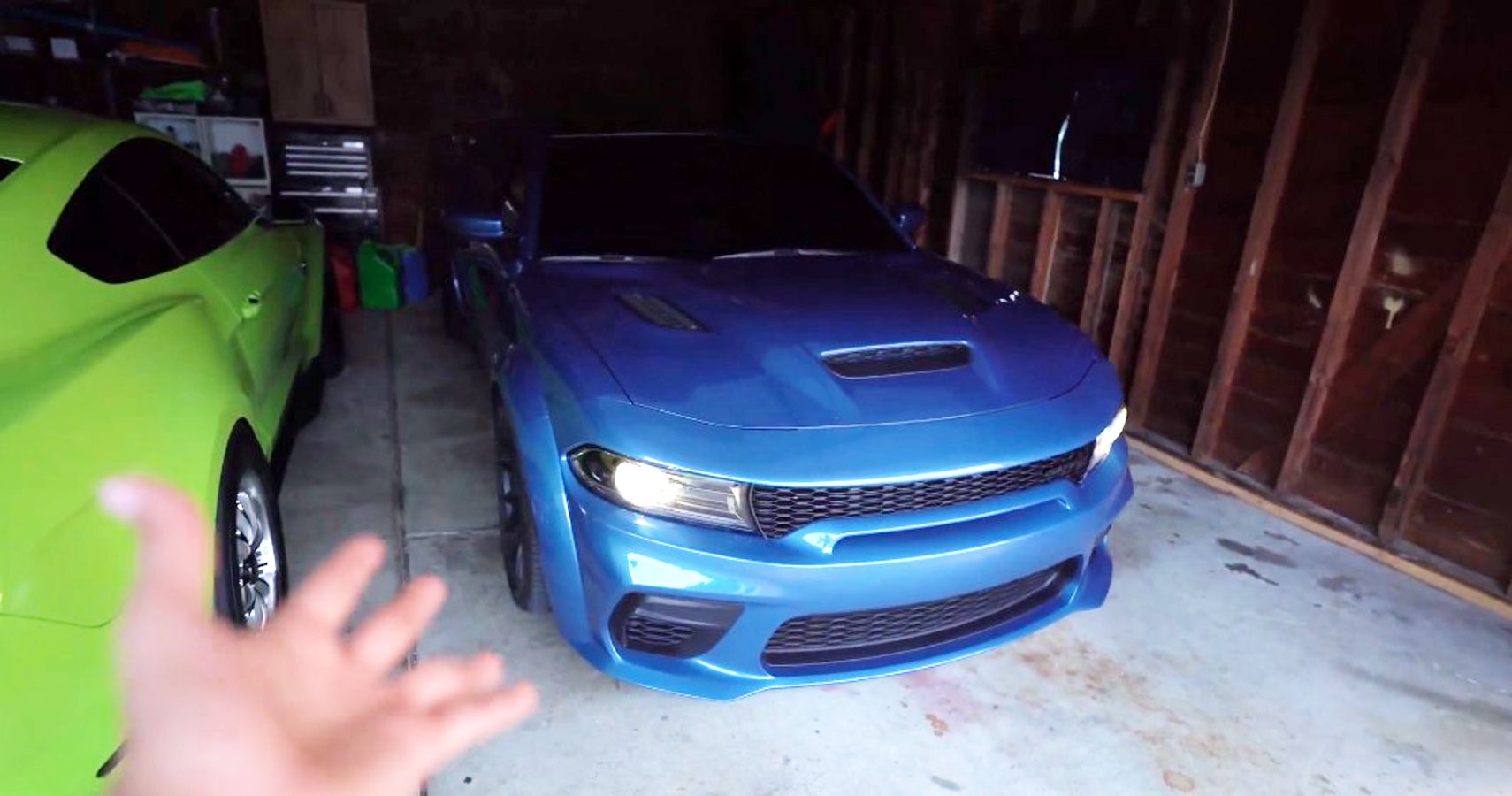 Blue Dodge Charger Hellcat front side view