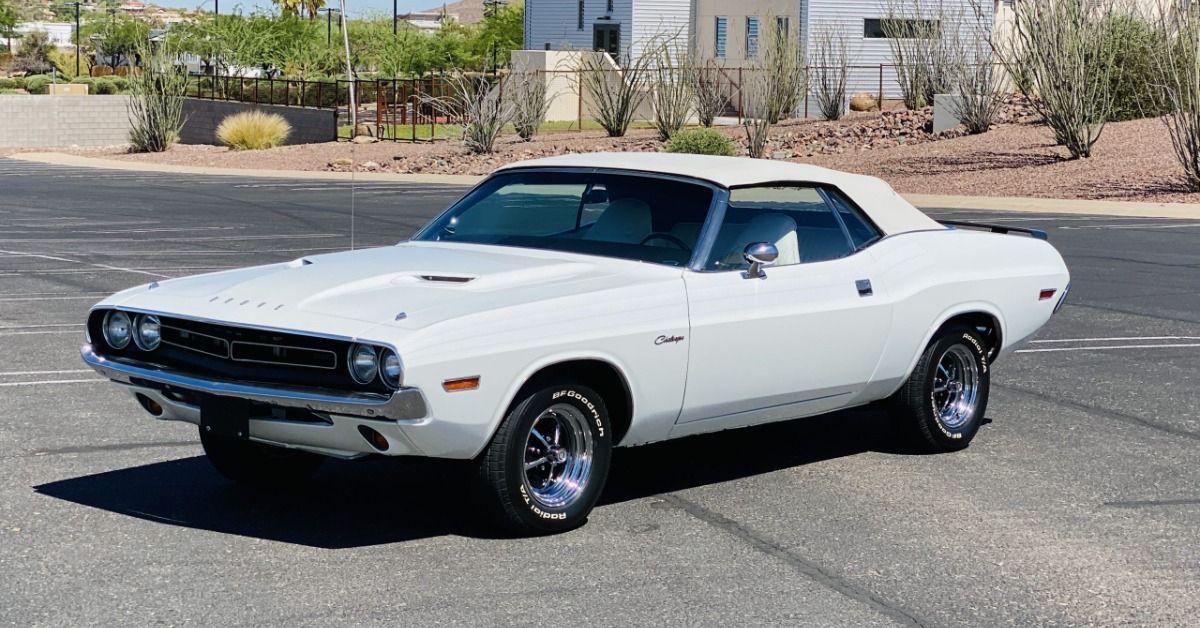 The white 1971 Dodge Challenger Convertible on display.