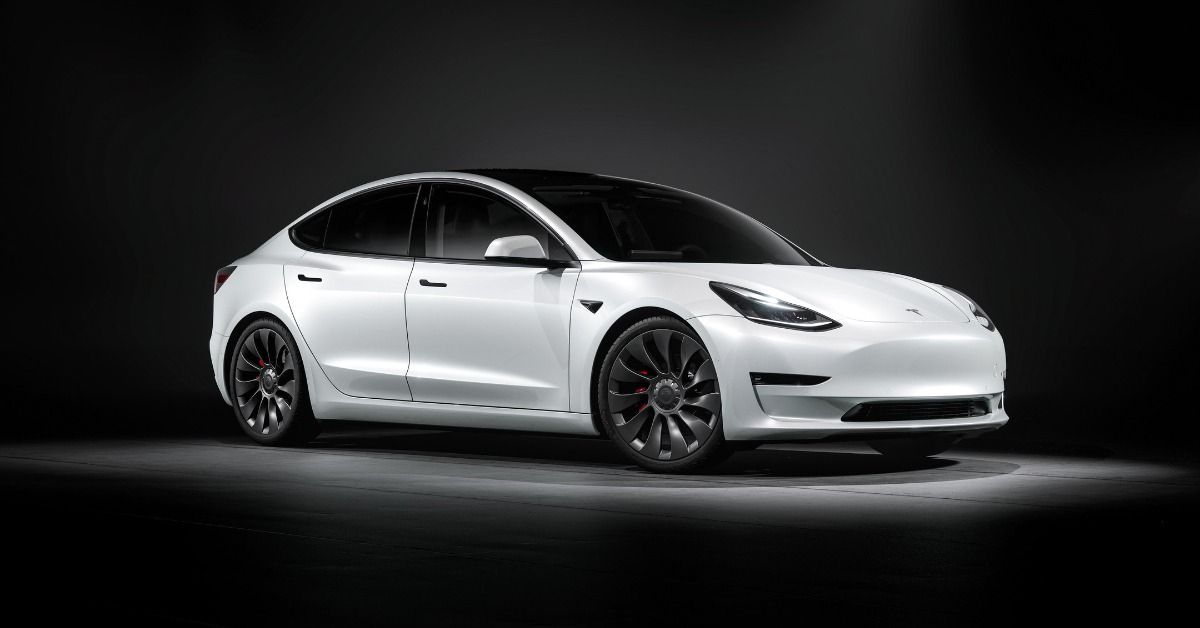 The Tesla Model 3 on display. 