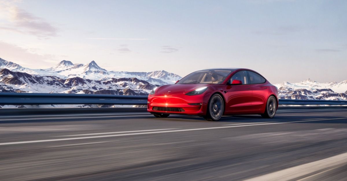 The Tesla Model 3 on the road. 