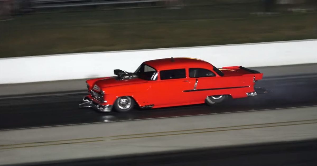 National No Prep Racing Association YouTube Channel Chuck 55 Red Chevy Belair on the drag strip 