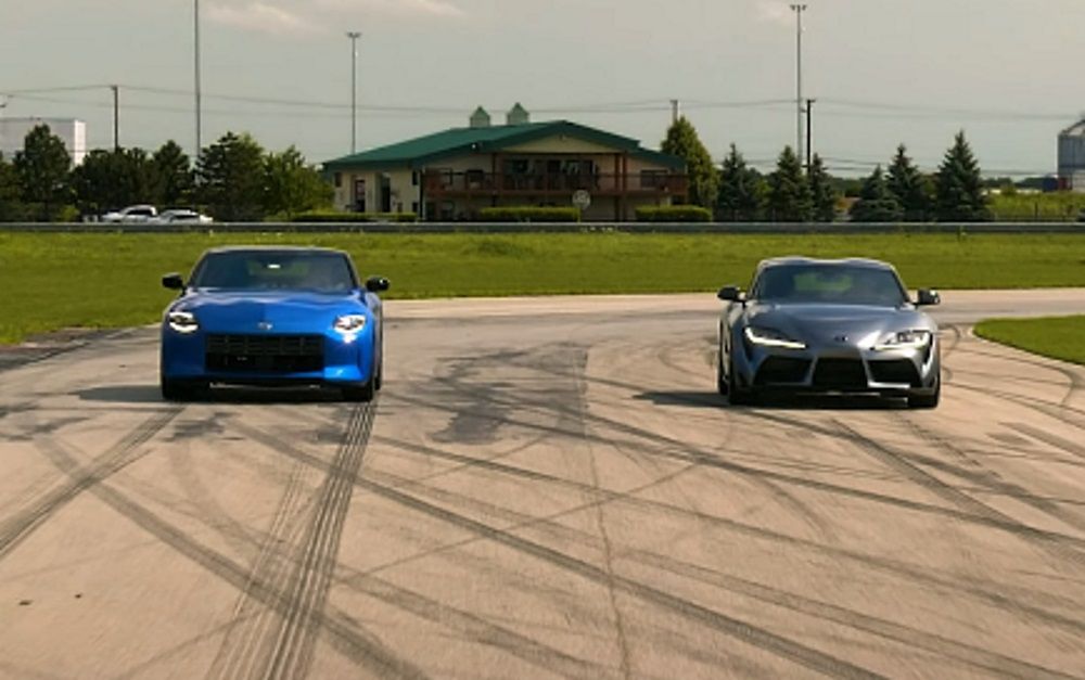 A Nissan 400Z and Toyota GR Supra on the track