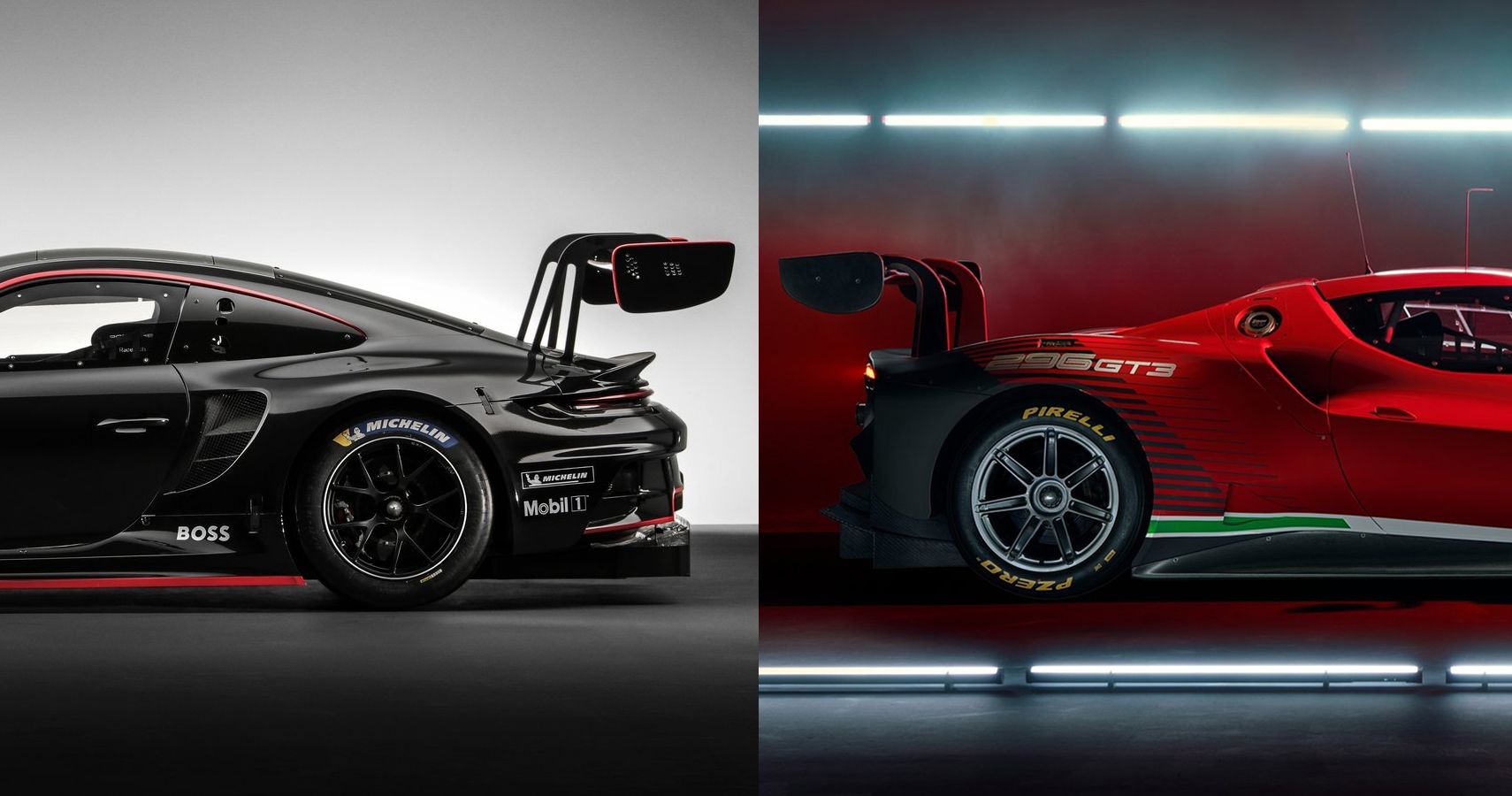black Porsche 911 GT3 R and red Ferrari 296 GT3 rear