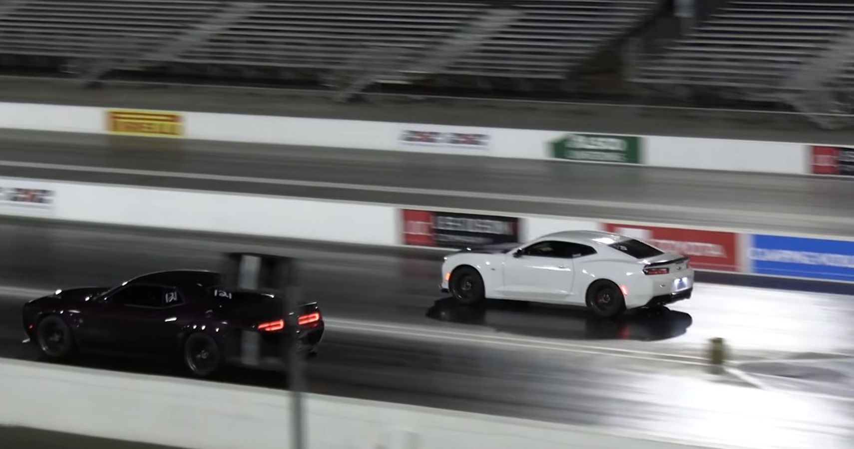 White Chevrolet Camaro SS VS Deep Purple Dodge Challenger Scat Pack off the line at track