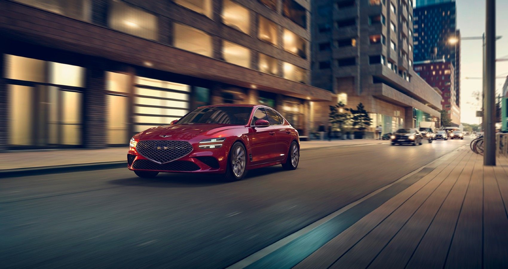 Red 2023 Genesis G70 SS on the road