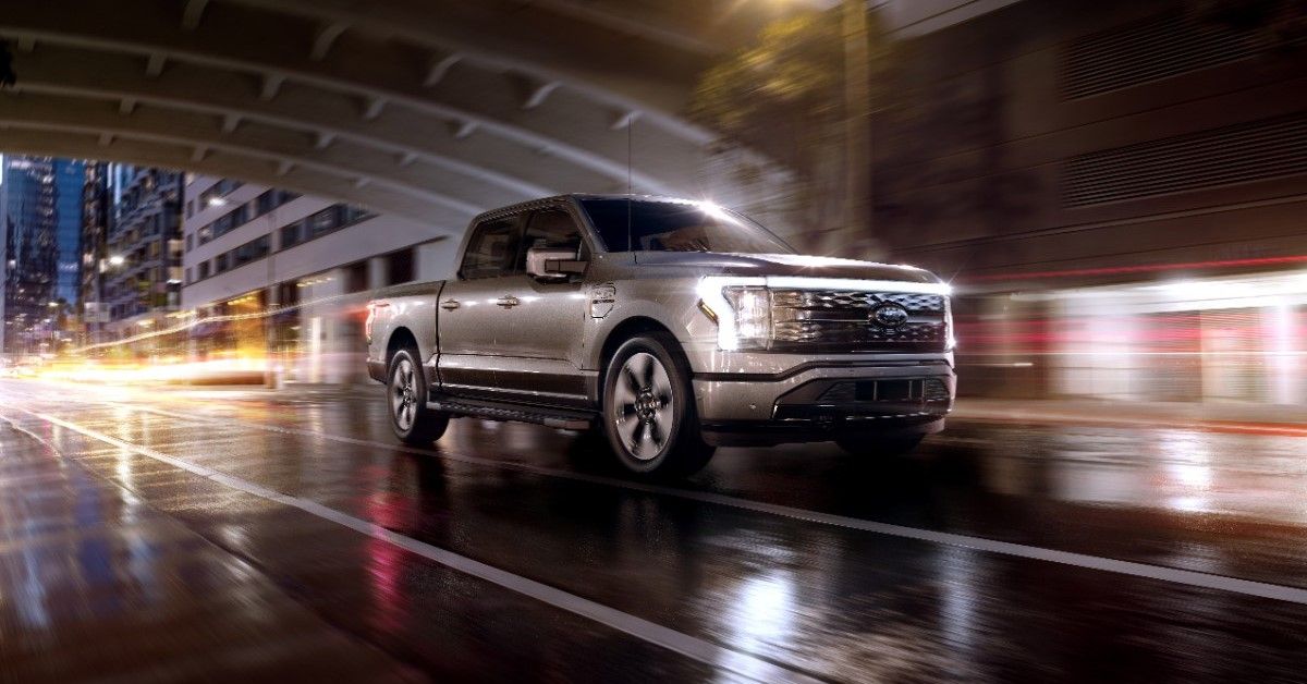 The 2022 Ford-150 Lightning in the city. 
