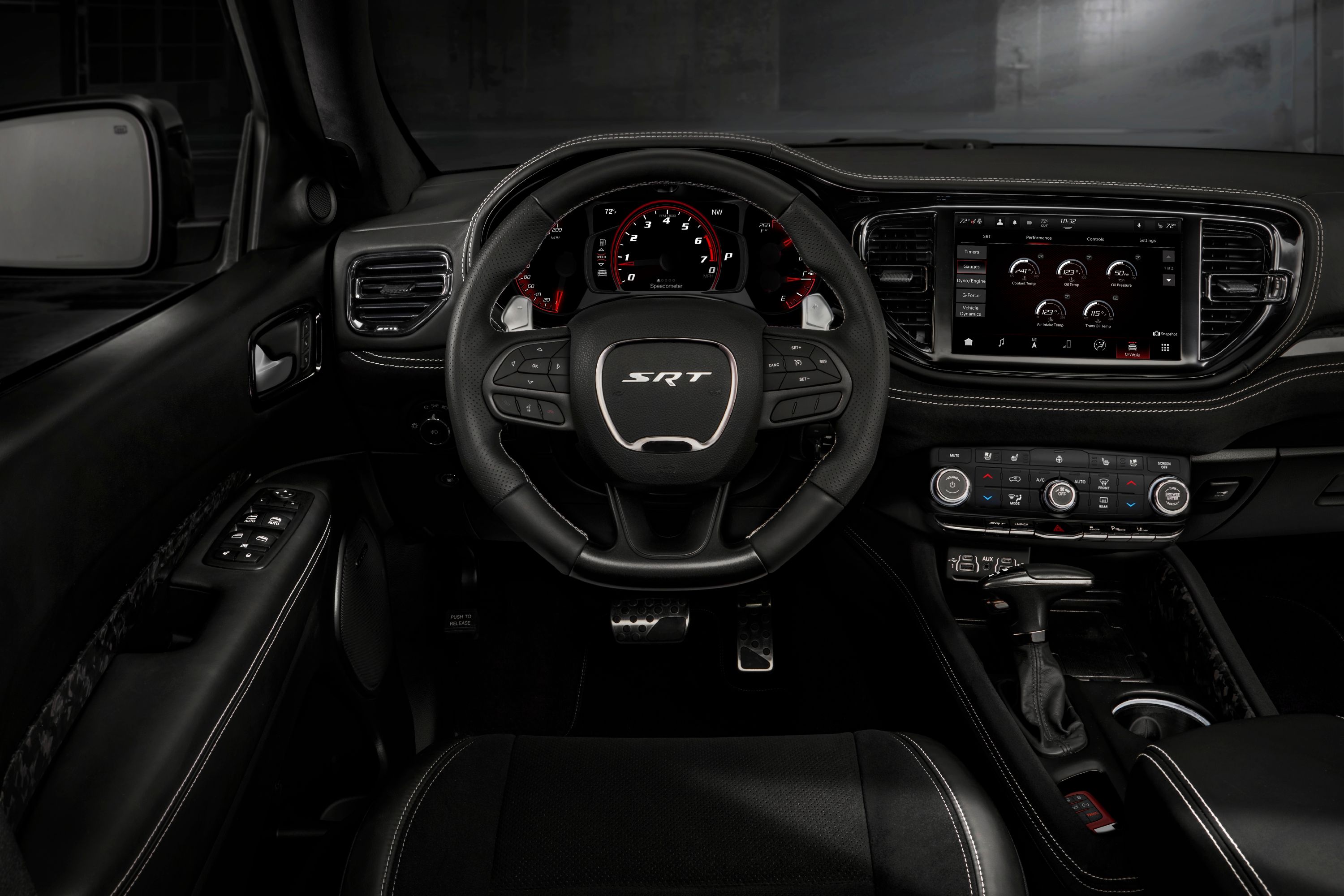 The driver-oriented interior of the Dodge Durango Hellcat.
