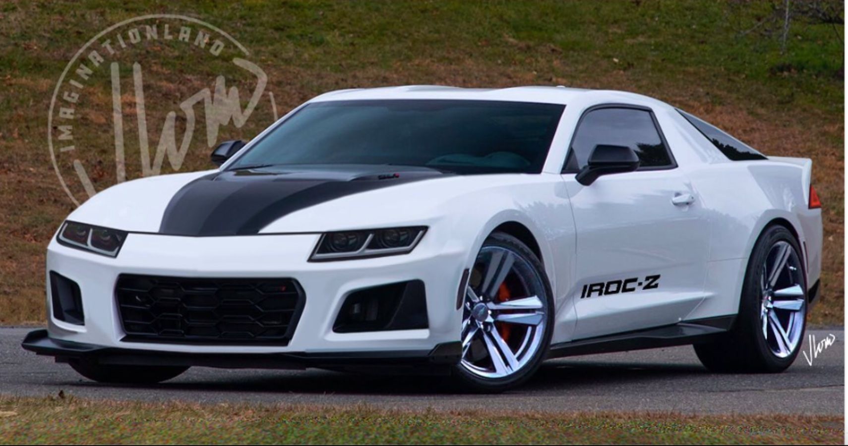 A render of a modern-day Chevrolet Camaro ZL1 and an IROC-Z.