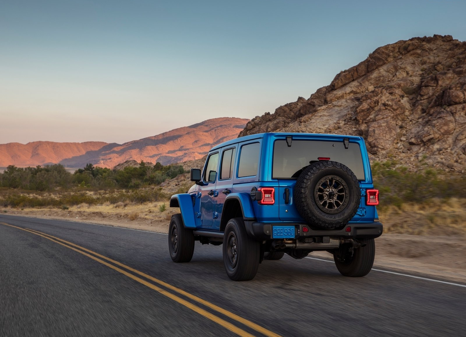Blue Jeep Wrangler Rubicon 392 on the road