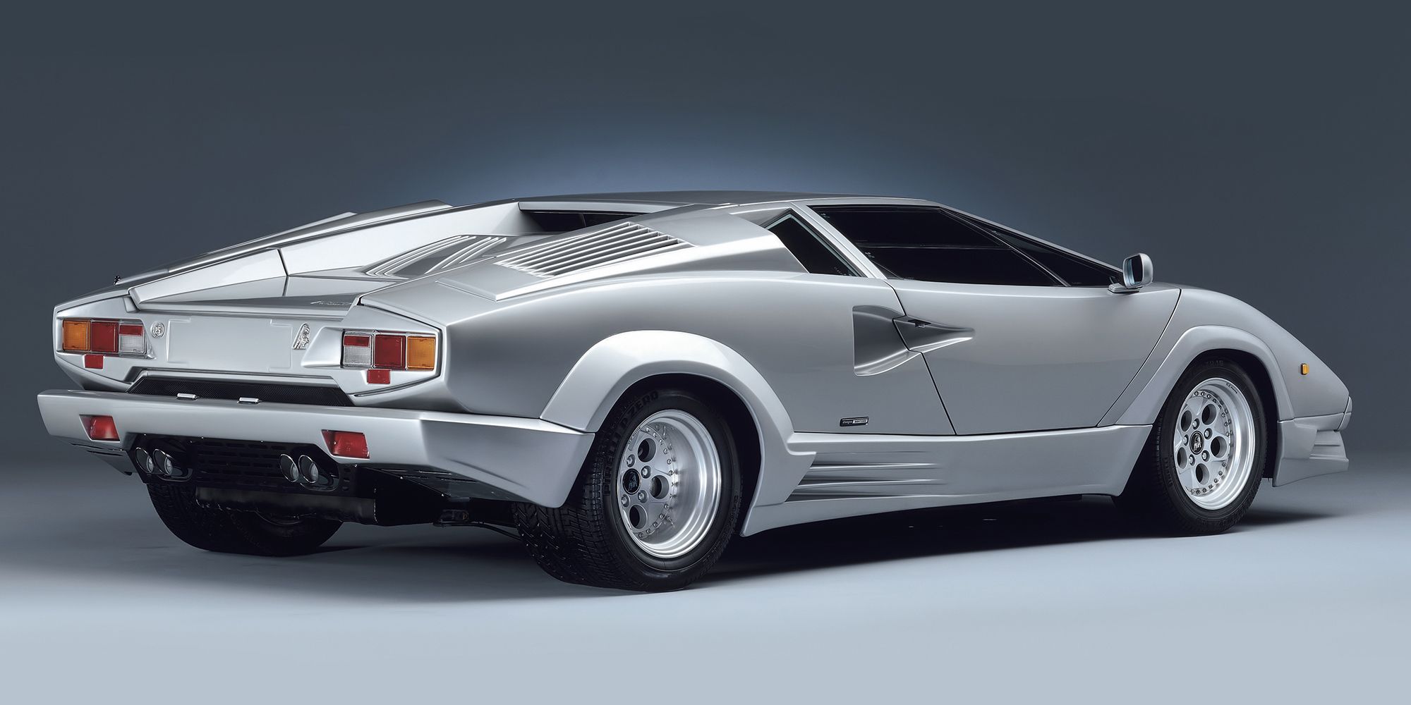 Rear View of a Silver Lamborghini Countach 25th Anniversary
