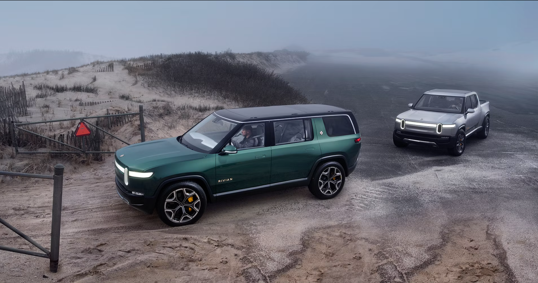 Rivian Twins 1 The R1S and R1T on a trail