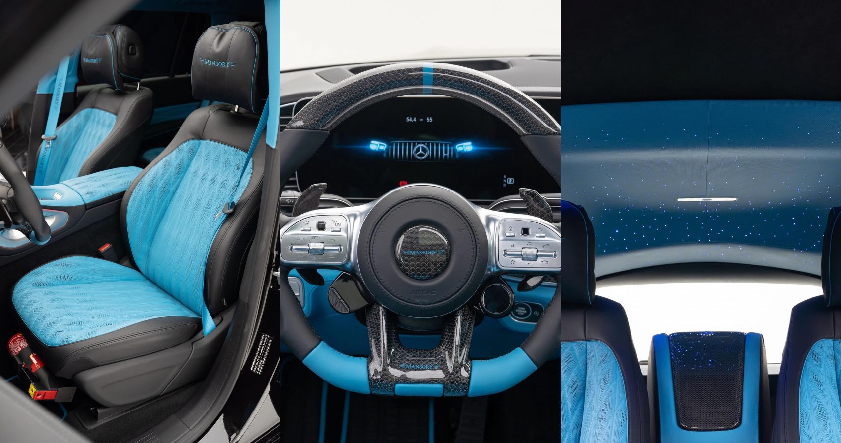 Mansory Mercedes-AMG GLS 63 interior in a bright blue dual-tone shade