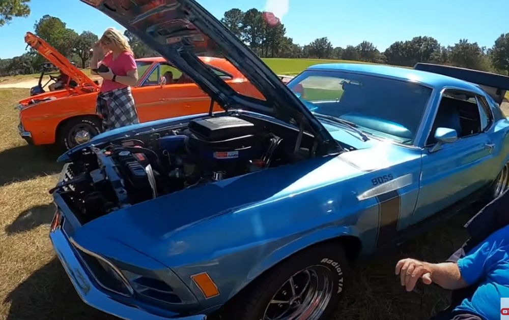 A blue 1970 Ford Mustang Boss 302