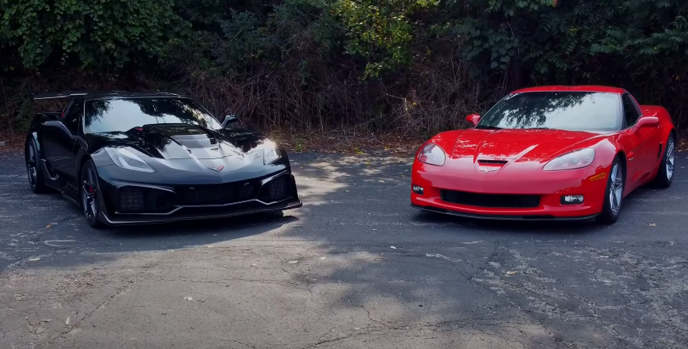 A black 2019 Corvette ZR1 next to a red 2008 Corvette Z06