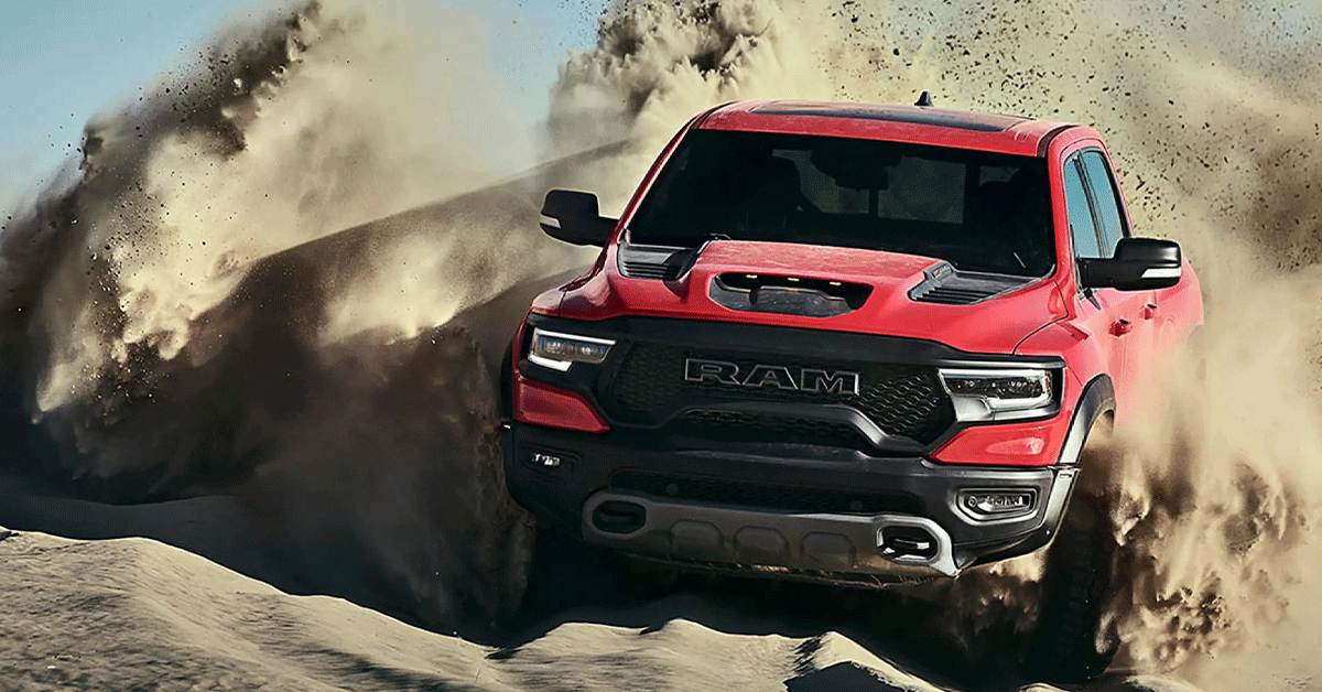 Red 2023 Ram 1500 TRX In The Sand Dunes 