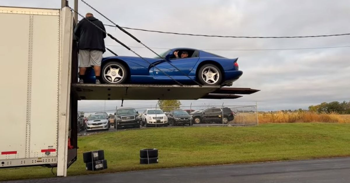 Casey Putsch YouTube Channel 1997 Dodge Viper GTS side view on trailer deck lift