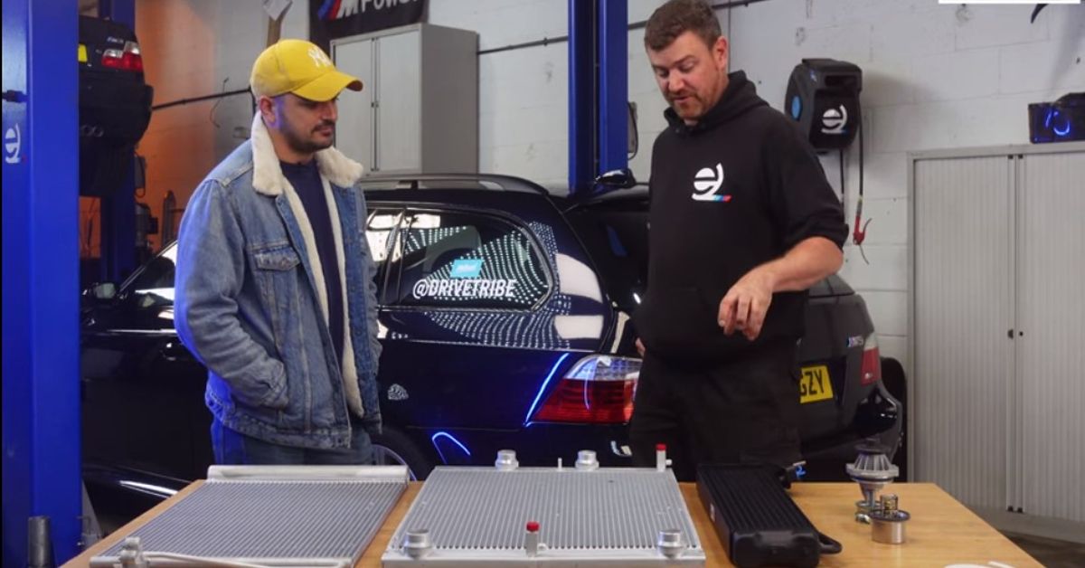 DRIVETRIBE YouTube Channel Mike and Darragh looking at new cooling system parts for BMW M5