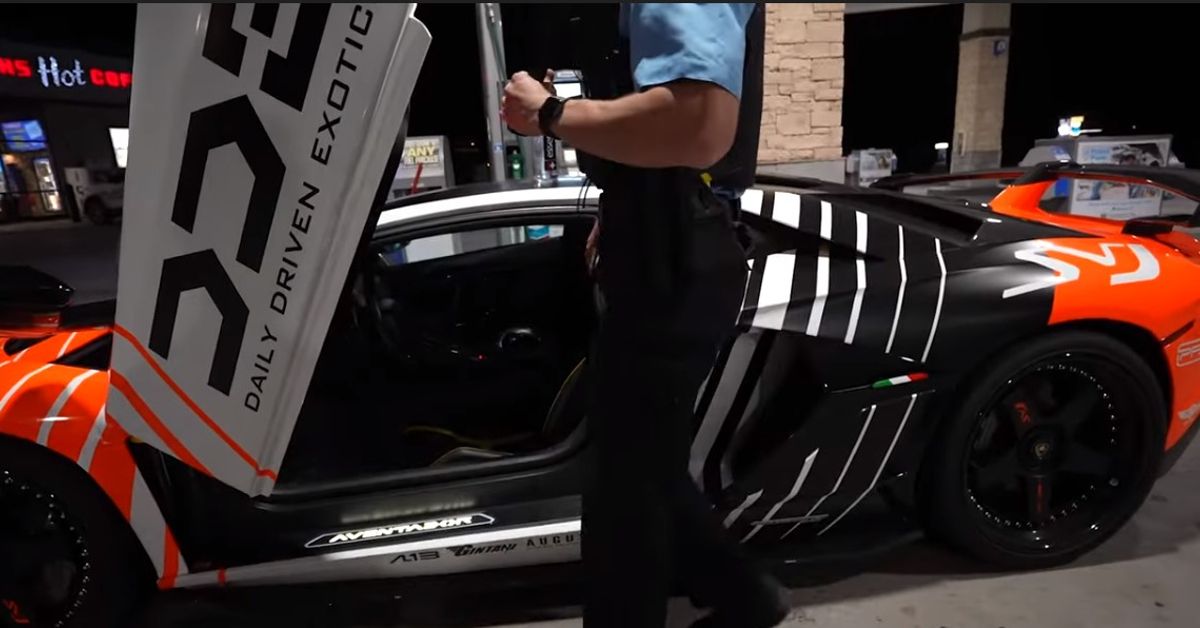 DailyDrivenExotics YouTube Channel  Lamborghini SVJ Aventador at gas station with Cop