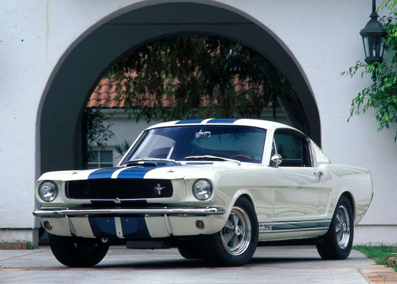 Blue and white 1965 Ford Mustang Shelby GT350
