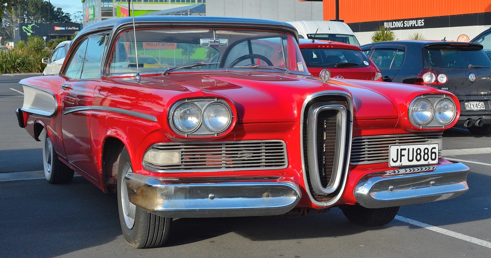 Ford Edsel coupe in red front third quarter view