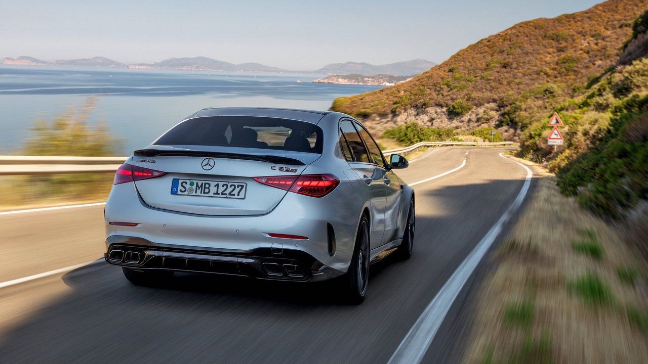 2024 Mercedes-AMG C63 S E Performance silver driving