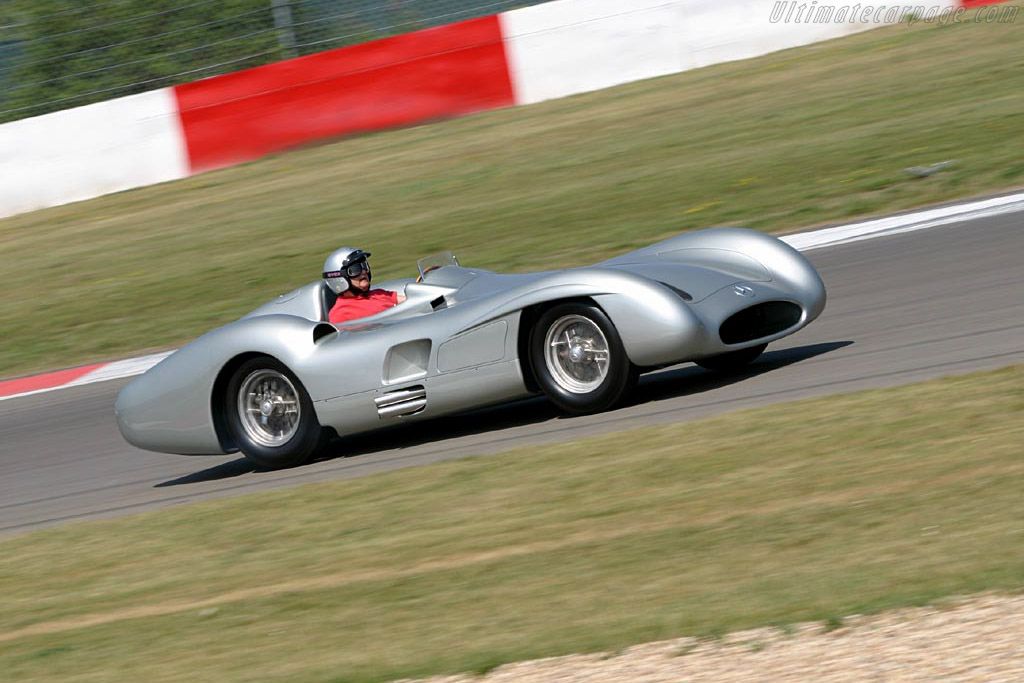 Silver Mercedes-Benz W 196 Streamliner on the track