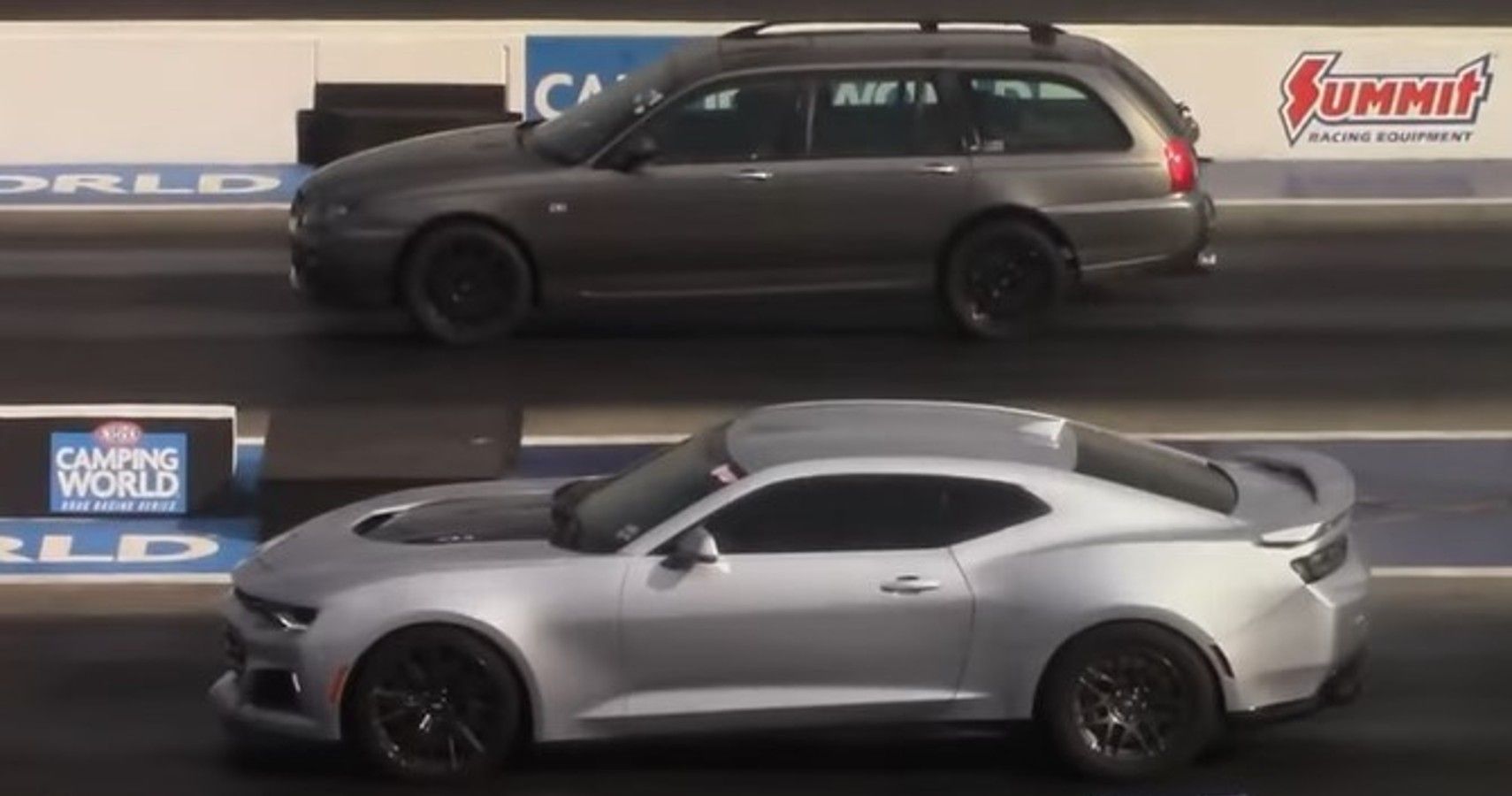 Brown MG ZT Station Wagon with a 5.0-liter coyote V8 swap and supercharger going against a silver Chevrolet Camaro ZL1 in a drag race