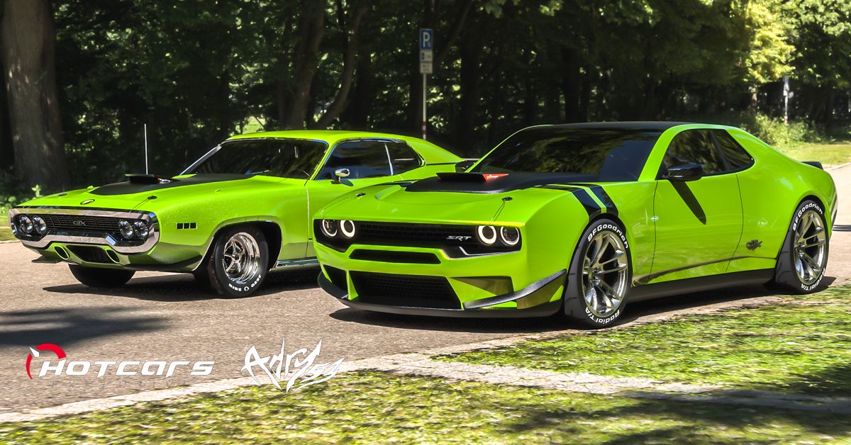 Plymouth SRT GTX render front 3/4 next to classic GTX, front quarter view