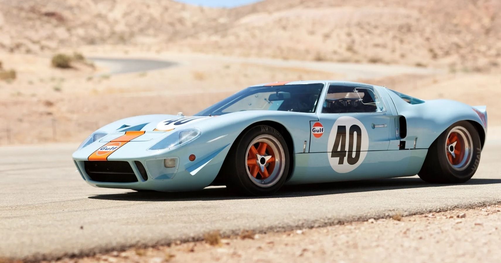 The 1968 Ford GT40 Le Mans movie car on display. 